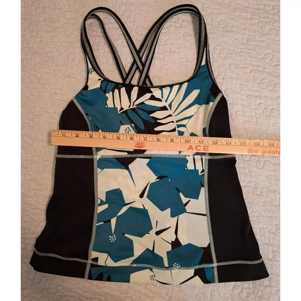Lands' End Womens 6 Tankini Top Black Teal Floral Crisscross Strappy Back Sporty